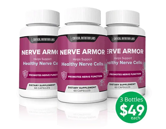 Seller-supplied Nerve Armor 3-bottle package showing $49 each
