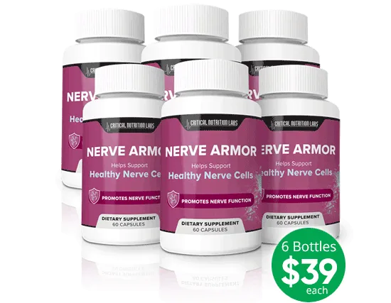 Six-bottle Nerve Armor package graphic showing $39 per bottle